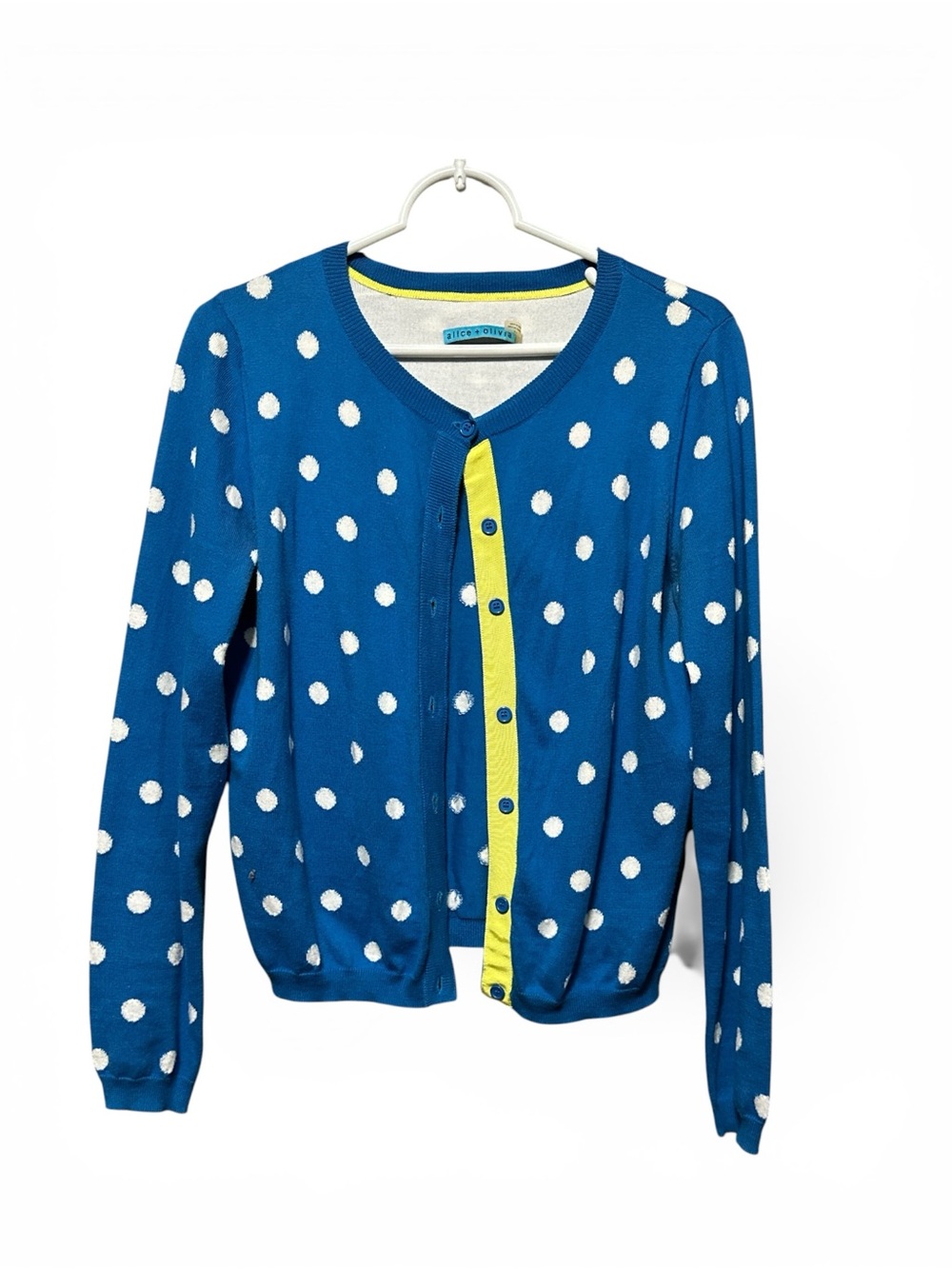 Alice + Olivia Blue Polka Dot Cardigan with Yellow Trim